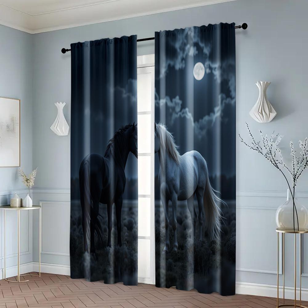 2pcs, Curtain Set Horse 100% Polyester (without rod) Festive Use for Bedroom, Living Room, Office ,Home & Cafe Decor