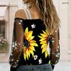 Plus Size Women Diagonal Shoulder Long Sleeve Top Tropical Hibiscus Butterfly Print Mesh Lace Splicing Blouse