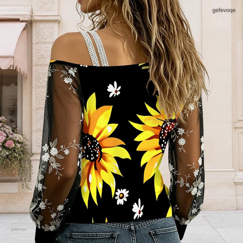 Plus Size Women Diagonal Shoulder Long Sleeve Top Tropical Hibiscus Butterfly Print Mesh Lace Splicing Blouse