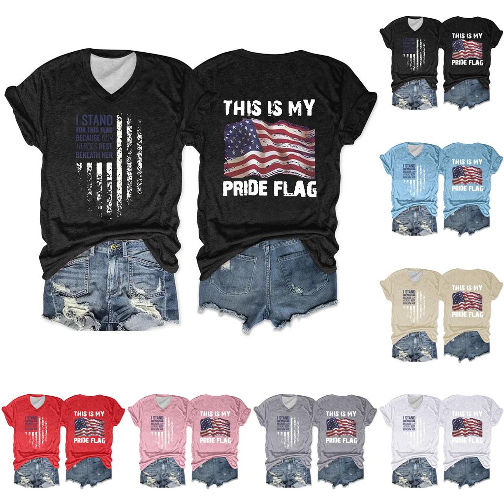 Women'S T-Shirt Casual Loose Printed V-Neck Pullover Short Sleeved Top