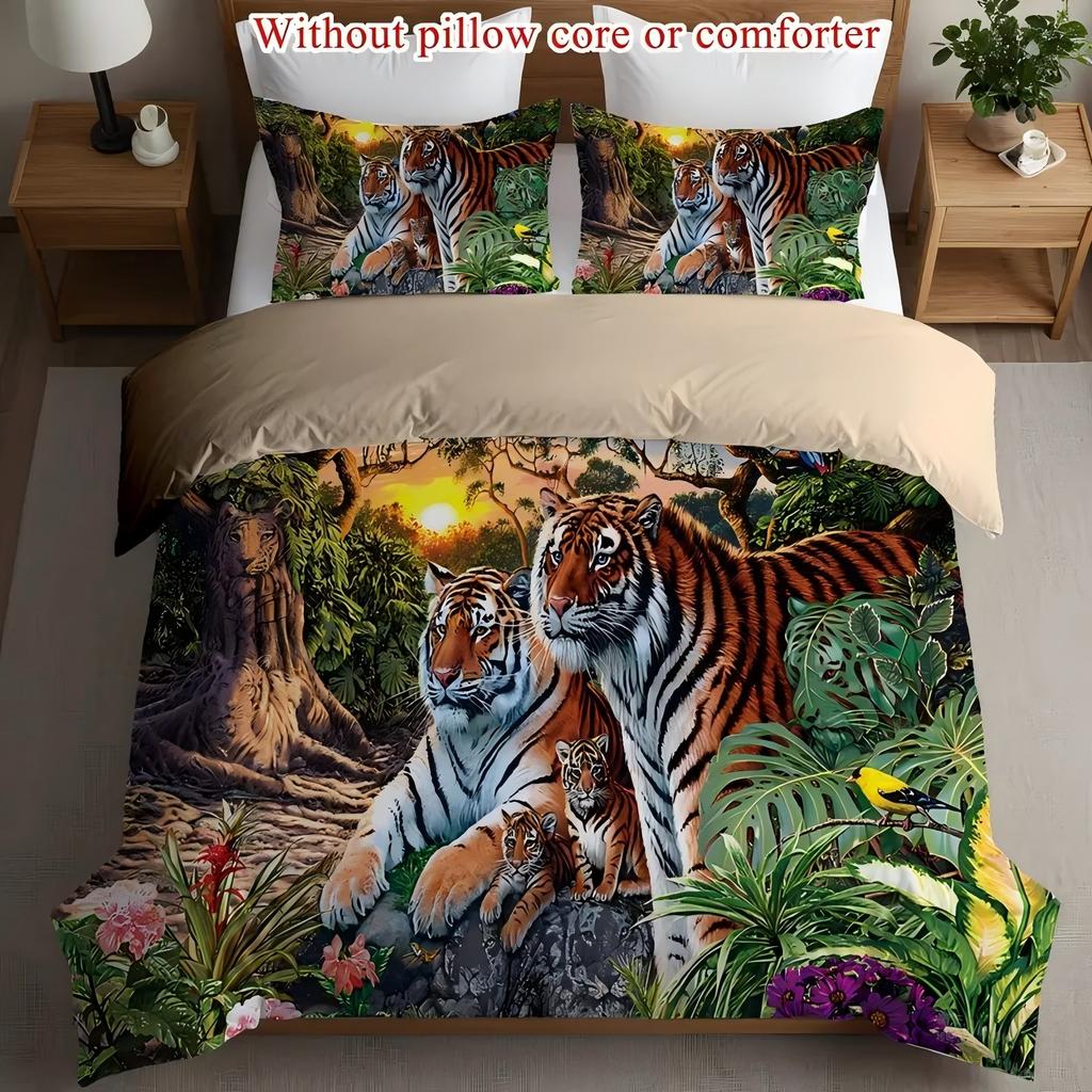 Комплект пододеяльника и наволочек с 3D-печатью Forest Tigers Мягкий Удобный Домашний Полиэстеровый Постельный Комплект Тема Дикой Природы Комплект Пододеяльника