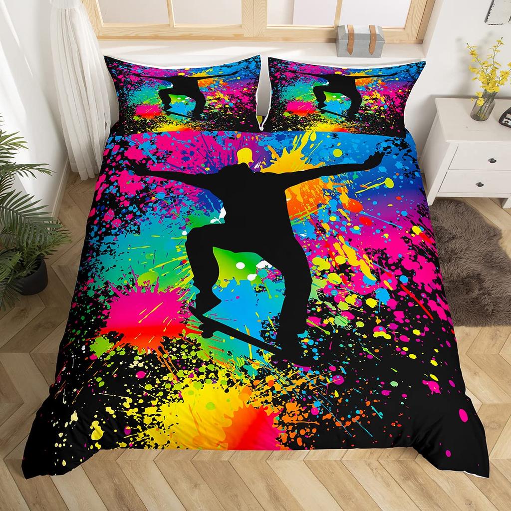 Skateboard Duvet Cover Set For Kids Teens Queen Size Lightweight Down Comforter Covers 2 Pillowcases 1 Comforter Cover No Quilt