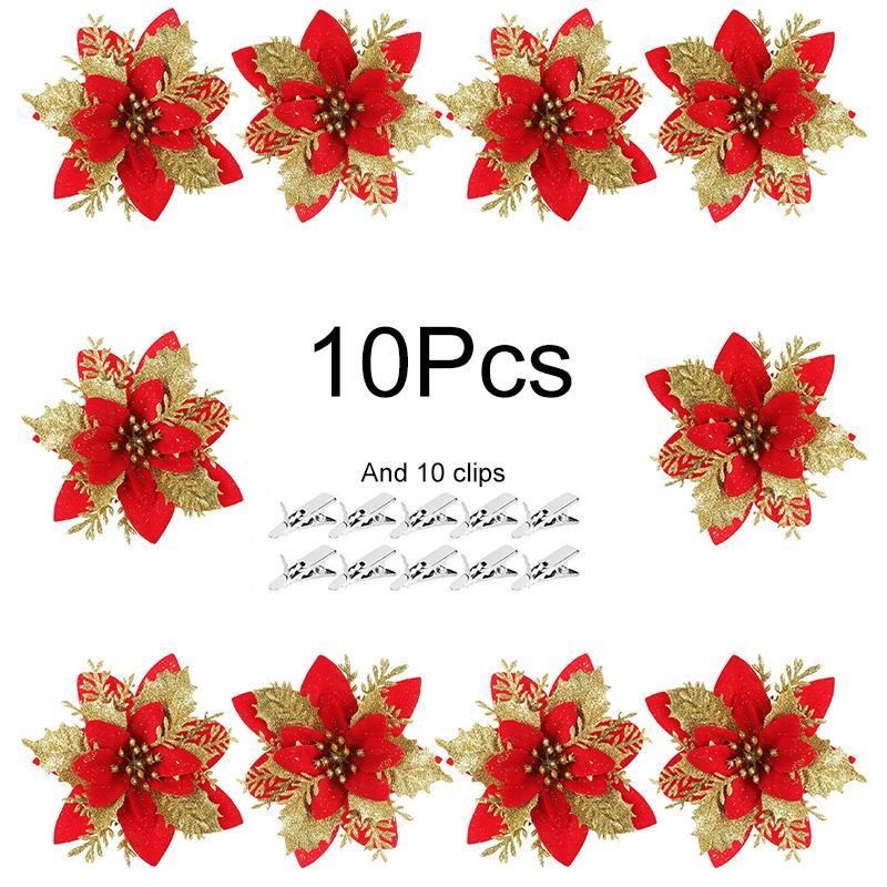 10 шт./упак. Рождественские цветы Сверкающие 14 см с зажимами Xmas DIY Блестящая Пуансеттия Венок