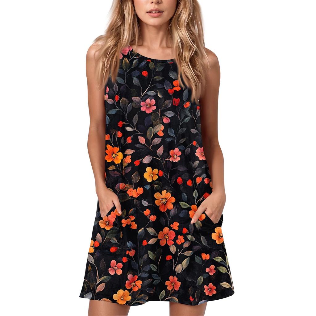 Женское летнее повседневное платье с круглым вырезом и принтом, платье без рукавов с карманами