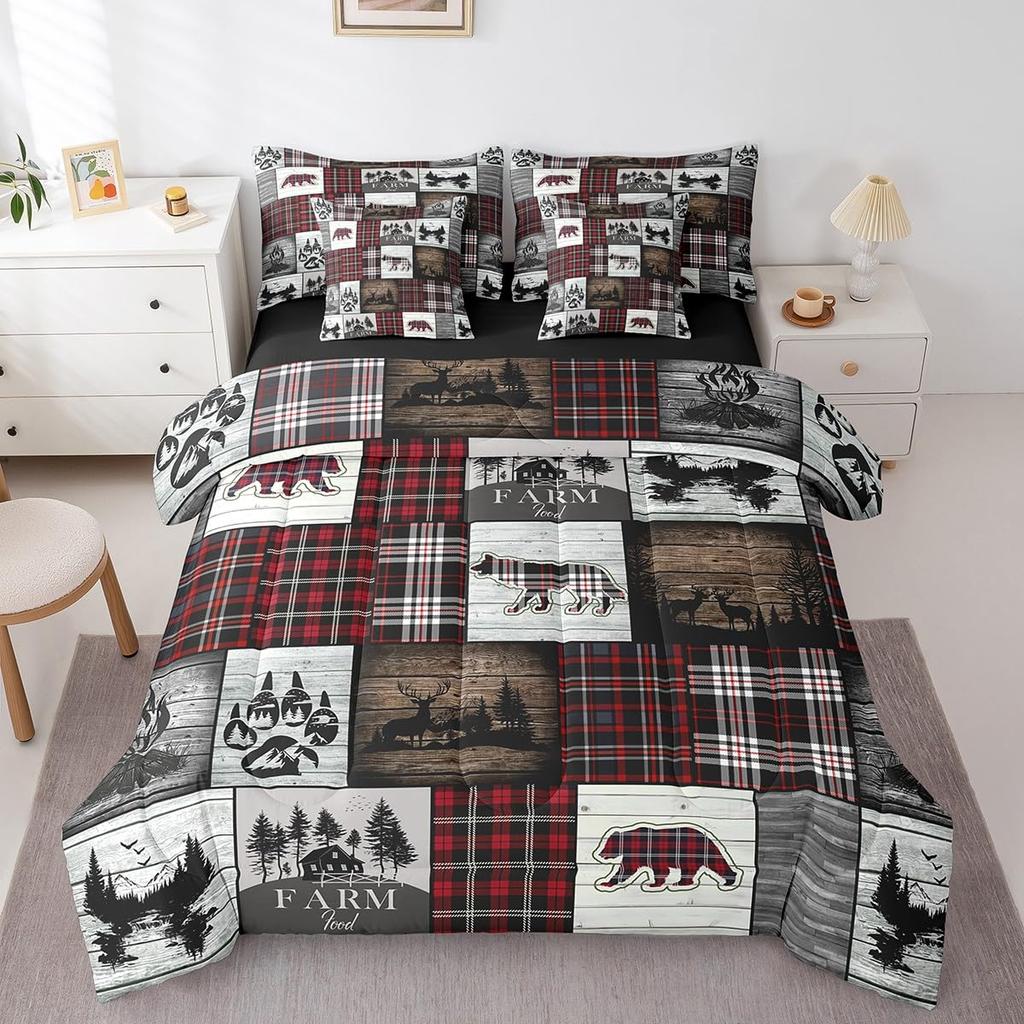 Erosebridal Rustic Farmhouse Comforter Set 7 Pcs Queen,Retro Cabin Lodge Down Comforter,Hunting Bear Deer Bed in a Bag,Country Maple Leaves