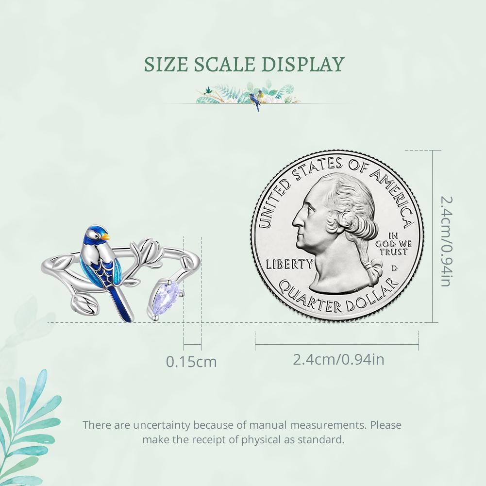 BAMOER 925 Sterling Silver Exqusite Blue Bird Ring for Women Fine Jewelry Dainty Leaf Open Ring Fashion Wedding Gift
