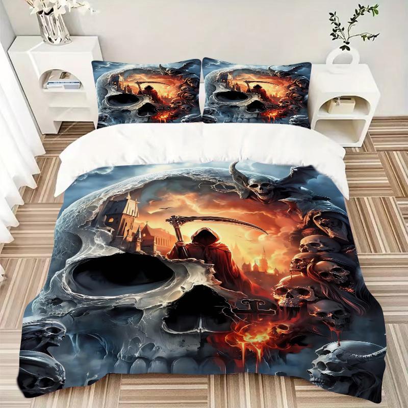 3pcs Skull of Death Quilt Set - Soft and Comfortable Bedroom, Guest Room and Dorm Decor Bedding Set 1 Quilt Cover + 2 Pillowcases.J080