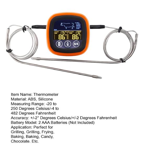 Food Thermometer Alarm Clock with Dual Long Probe LCD Display Accurate BBQ Meat Food Cooking Kitchen Oven Electronic Digital Thermometer Alarm