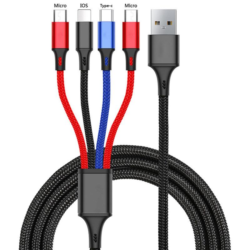4 в 1 USB-кабель для зарядки 3A USB A на Micro USB/Type C/8-контактный кабель для зарядки iPhone, быстрая передача данных для iPhone 14 11 Xiaomi
