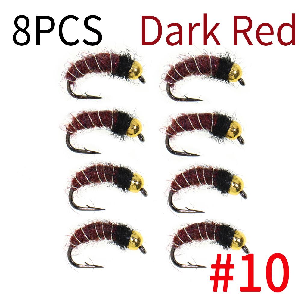 6/8 шт. 2 размеров Нимфа личинки ручейника с головкой из бусинки Реалистичный жук-бокоплав Червь для ловли форели и хариуса (Крючок с бородкой, Быстро тонущий)