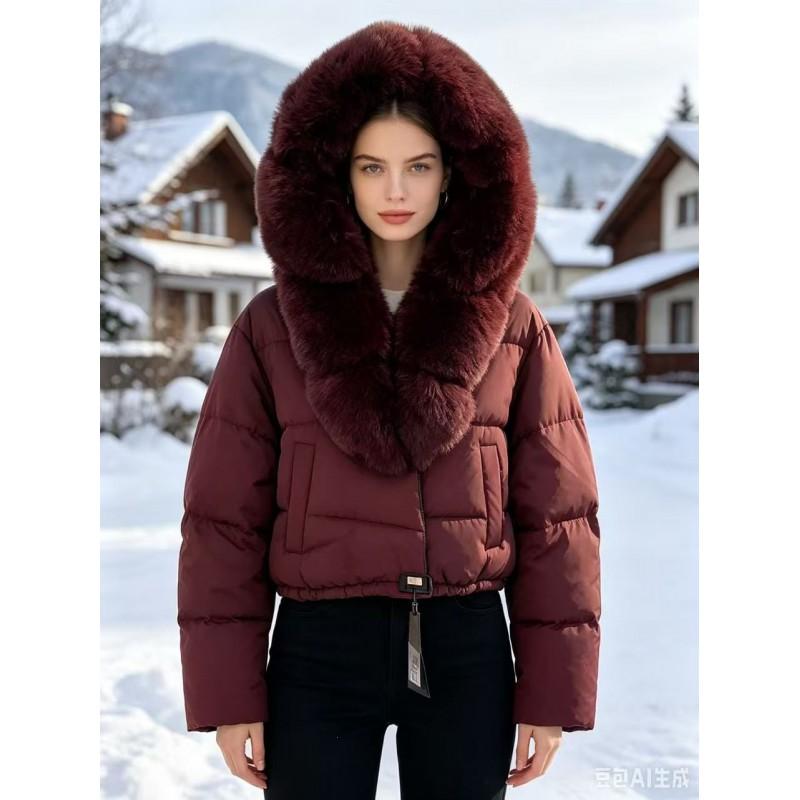 Luxury Short Cotton Puffer Coat Women Faux Fur Collar Fall Winter Slim Fit Warm Daily Wear