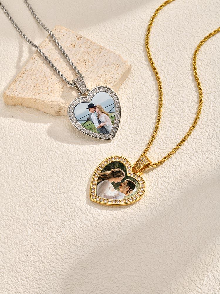 Sparking Inlaid Zircon Heart Locket Pendant Custom Photo Picture Necklace Personalized Jewelry Lover Friend Family Gift