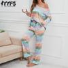 Women's Fashion Casual Spring Autumn Stripe Print Long Sleeve O-Neck Trousers Pants Suits