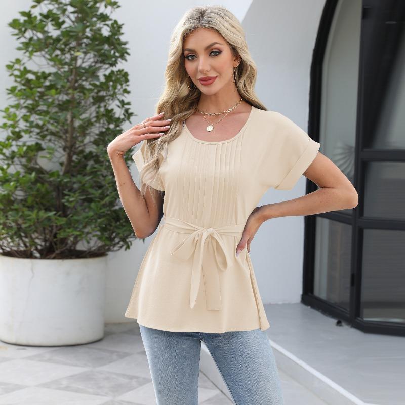 Женская весенне-летняя новая повседневная рубашка с оборками и круглым вырезом с коротким рукавом, модная блузка