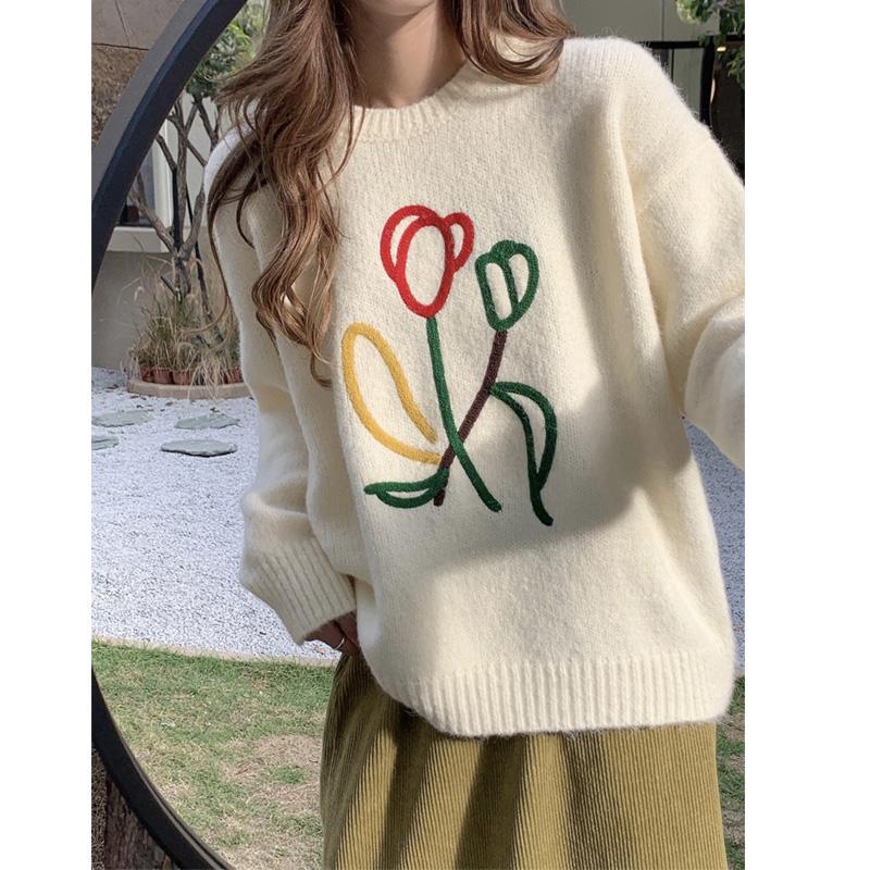 Японский свитер в стиле ретро, ​​женский осенне-зимний новый корейский свежий свободный верх, теплый толстый джемпер с круглым вырезом, вязаный свитер, топы