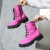 Lace Up Pink Ankle Boots Woman Shoes Patent Leather Platform Motorcycle Boots Woman Thick Heels Zipper Short Booties