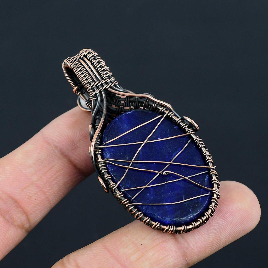 Blue Sapphire & Moonstone Gemstone Handmade Pure Copper Wire Wrapped Pendant Jewelry For Thanksgiving