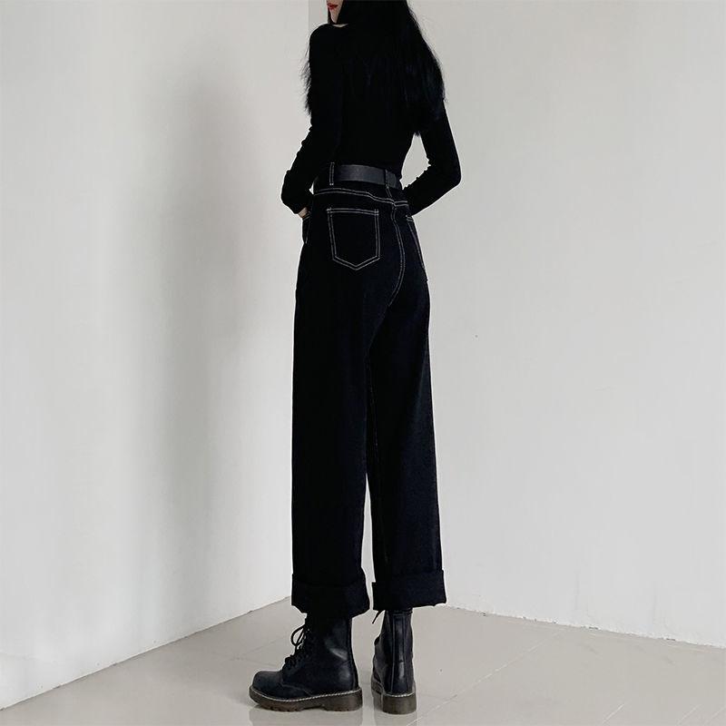 Черные Прямые Джинсы-Гаремы Женские Весна Осень Новые Преппи Стиль Молодежные Яркая Отделка Свободные С Завышенной Талией Повседневные Брюки