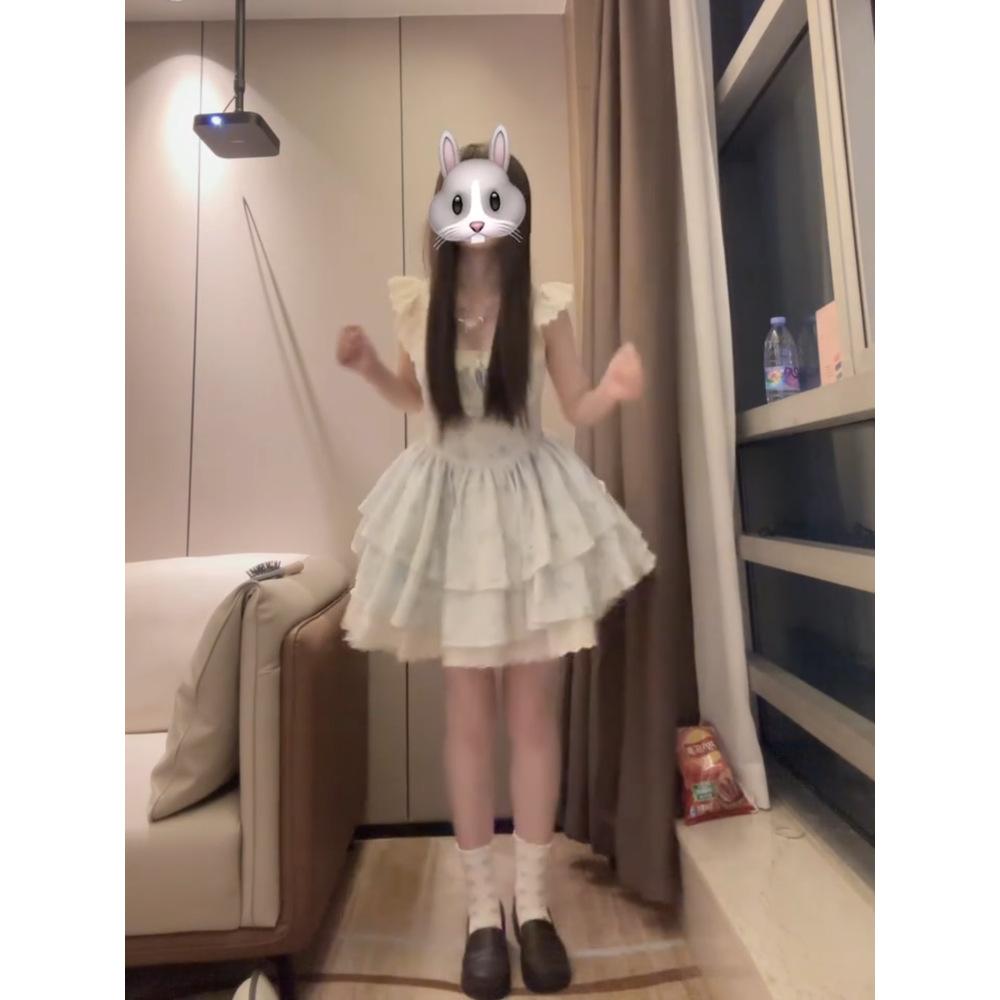 Sweet and Cute Little Flying Sleeves Blue Floral Dress Women's Summer College Style Daughter Princess Dress Cherry Blossom Puffy Short Dress