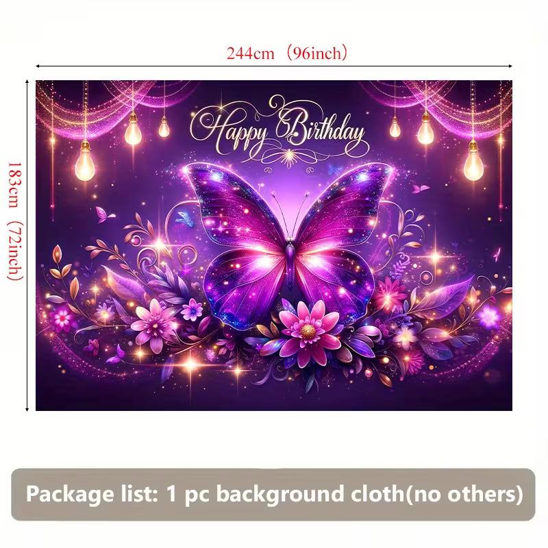 2D Glowing Butterfly Birthday Backdrop Purple Sparkle Floral Party Photo Booth Prop