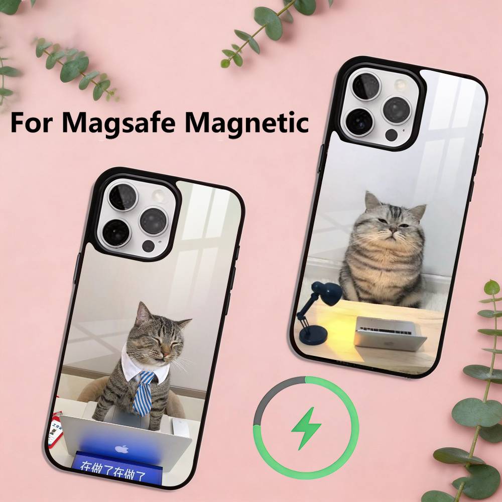 Table Working Cat Phone Case For iPhone17,16,15,14,13,12,11 Plus,Pro Magnetic with Magsafe Wireless Charging
