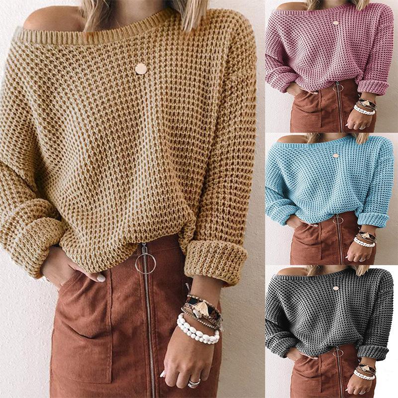Women's Solid Colour Loose Fit Long Sleeve Knitted Top with Slanted Neckline Autumn Winter Sweater Luxurious Relaxed-fit Slimming and Versatile Top