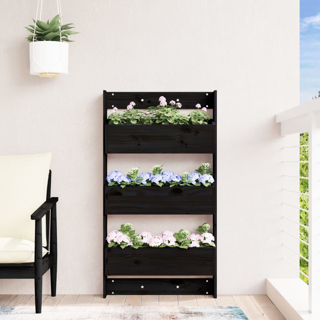 Wall Mounted Plant Box 3 Tier 60 x 18.5 x 110 cm Black Pine Wood