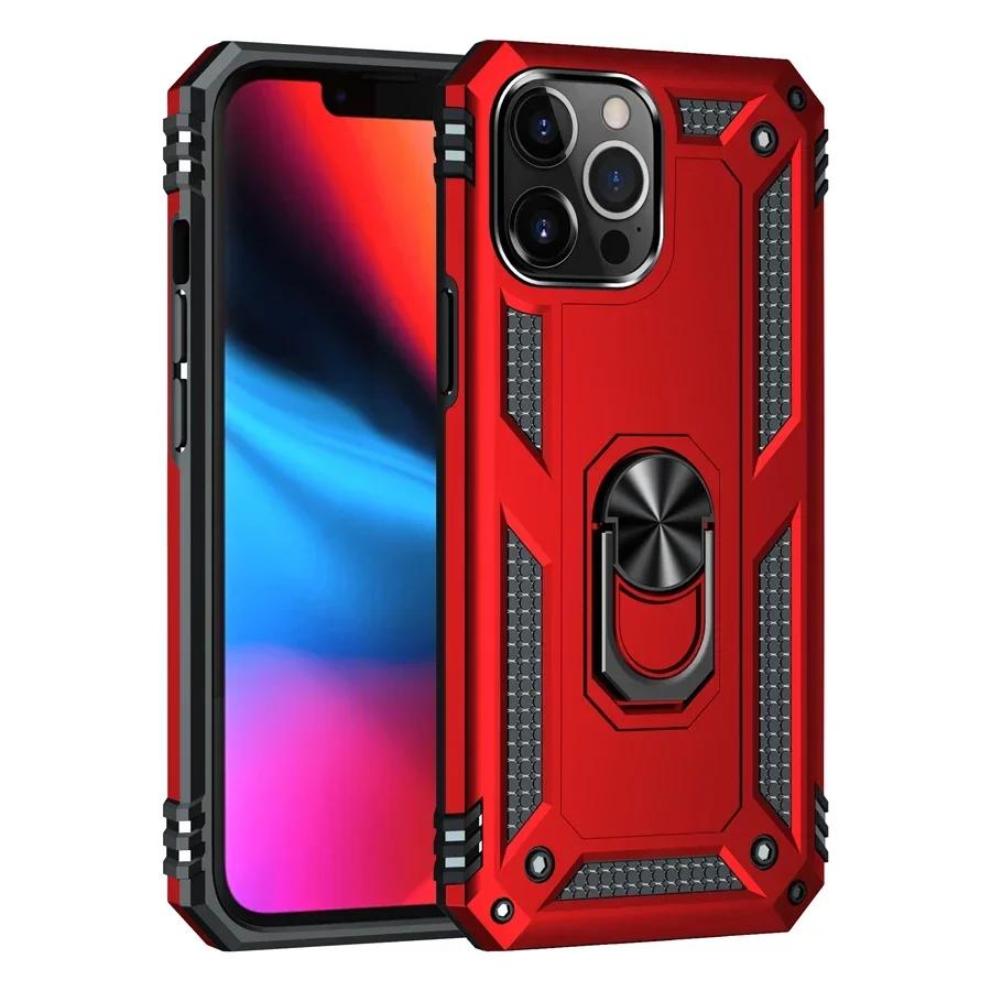 Противоударный бронированный бампер для iPhone 15 16 14 13 12 11 Pro MAX Plus XR XS Max X 7 8 Чехол с держателем для пальца и магнитным металлическим кольцом
