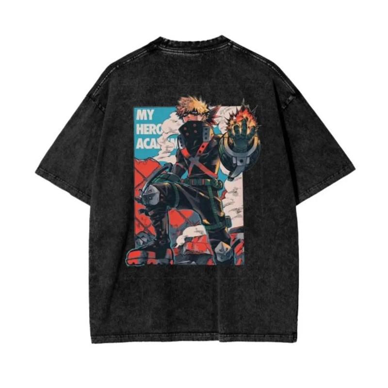 Bakugou Katsuki My Hero Academia Clothing Men Women Anime Tshirts Retro Washed T Shirt Casual Cotton Tee Harajuku Male T-shirt
