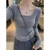 Premium Solid Color Curled Square Neck Knitted Top Women's Autumn and Winter Temperament Thin Bottoming Shirt Slim Short Sweater