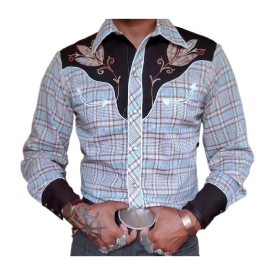 Men Spring Shirt Vintage Western Cowboy Print Single-breasted Slim Fit Long Sleeve Turn-down Collar Buttons Streetwear Casual Business Shirt
