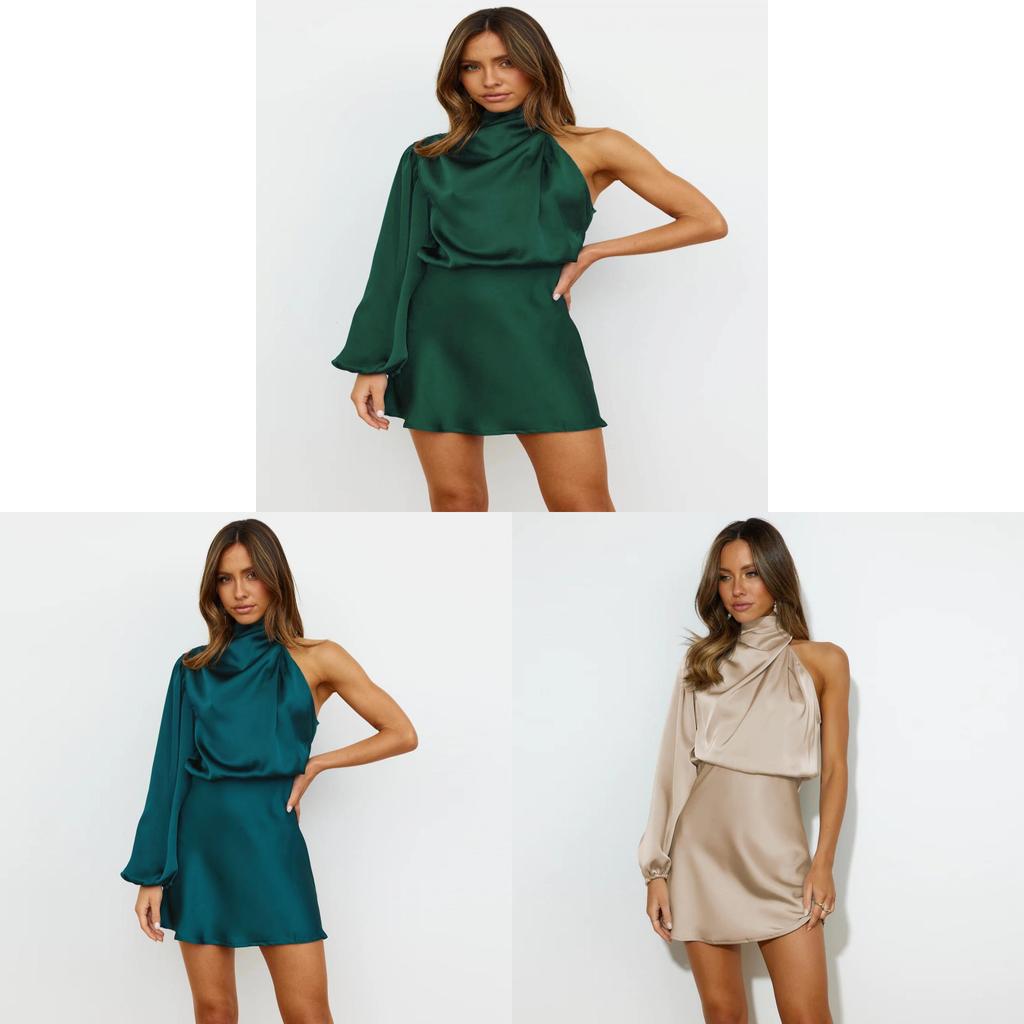 Elegant Satin Long Sleeve One Shoulder Dress For Autumn Winter Formal Events
