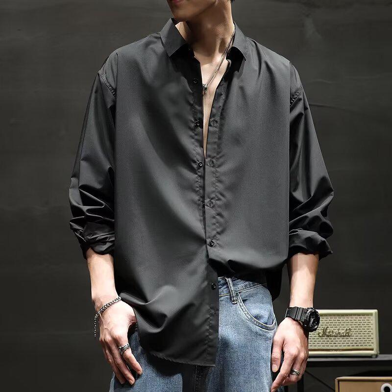 Белая рубашка с длинным рукавом в стиле ретро, свободного кроя, не мнущаяся