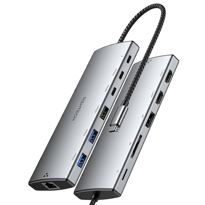 12-в-1 док-станция Type-C с двойным HDMI, DP, концентратором 3.0 и Ethernet RJ45 для тройного дисплея