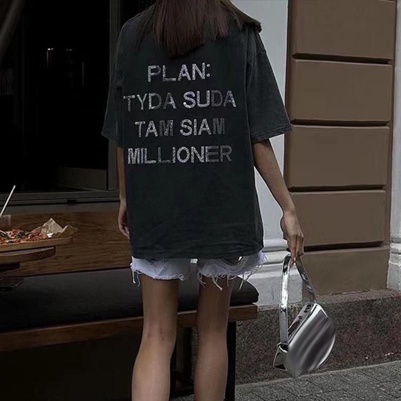 Винтажные повседневные хлопковые футболки со стразами, женские летние рубашки с коротким рукавом и буквенным принтом, универсальные уличные топы