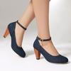 Large Size Single Shoes Women's Spring New High Heels Round Head Denim Buckle Thick Fashion and Shallow Mouth Women's Shoes