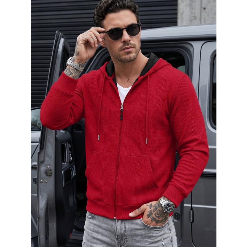 Men S Casual Waffle Texture Jacquard Hooded Zip Up Sweatshirt With Pockets