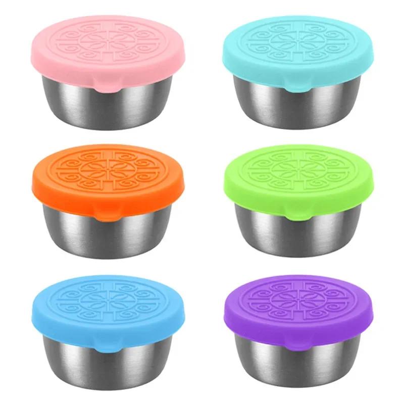 6pcs High Quality Sauce Cup, 304 Stainless Steel Seasoning Plate, Silicone Lid, Leak Proof Tomato Salad Container, Dipping Dish