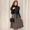 Autumn Women's Korean Office Knitting Sweater Dress Fashion Lady Knitted Spliced Plaid High Waist Pullover A-line Dresses