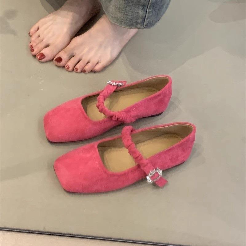 Square Head Mary Jane Shoes Women's Suede Flat-soled Single Shoes Rhinestone Buckle Pleated Belt with Skirt Temperament Grandma Shoes Tide