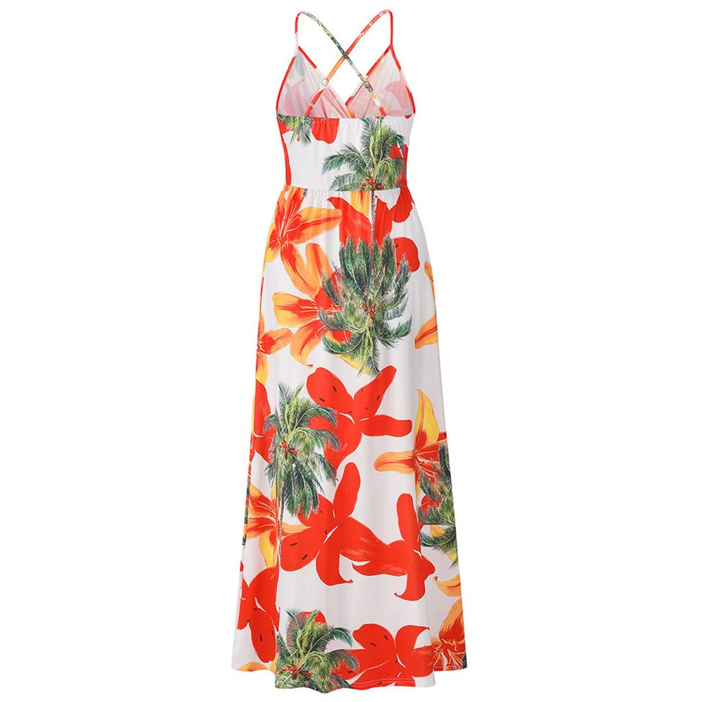 Summer Dress Dress Women's Dress Beach Skirt Print Belt Skirt Cross Strap Dress V-neck Vest Dress
