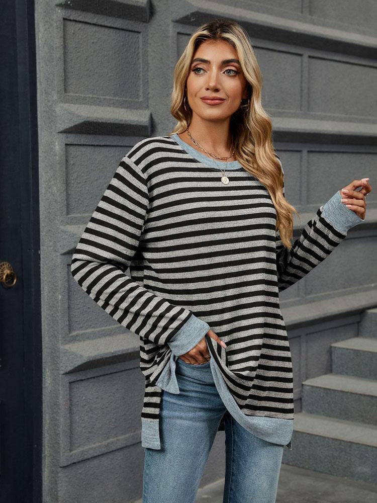 Элегантная и модная осенне-зимняя удобная однотонная полосатая футболка с круглым вырезом и длинными рукавами, повседневная футболка, свитер, толстовка с капюшоном