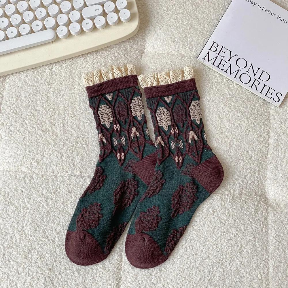 Lace Ruffle Socks Women JK Japanese Style Sweet Girls Lolita Kawaii Socks Ethnic Harajuku Retro Streetwear Middle Tube Socks Sox