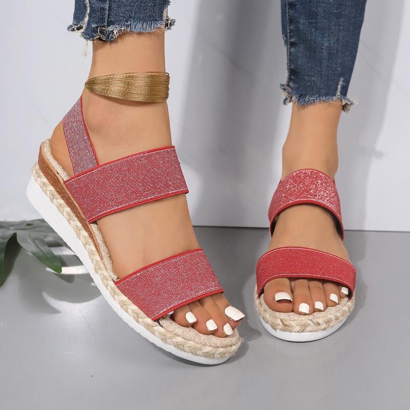2024 Summer Women's Fashion Trend Non-slip Wear-resistant Comfortable Hemp Rope Sole Stretch Fabric Sequined Flat Sandals