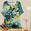Women's Casual Loose Spring Shirt Women's Short Sleeve Colorful Fluttering Butterflies Flowers Printed Tops
