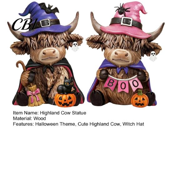Halloween Home Accents 2 Pcs Highland Cow Figurines, Boo Pumpkin Ghost Statue with Desktop Display Witch Hat, Wooden Scottish Ornament for Tabletop,