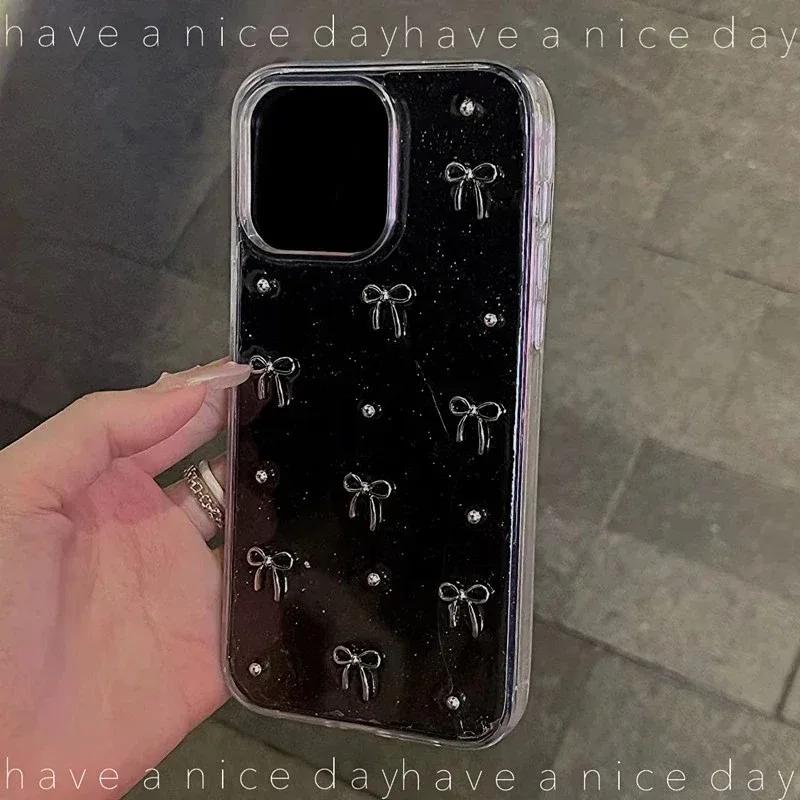 INS Japan Korea 3D Silver Bowknot Phone Case For iPhone 16 Pro Max 15 14 13 12 11 X XS XR 7 Plus Girl Epoxy Clear Glitter Cover