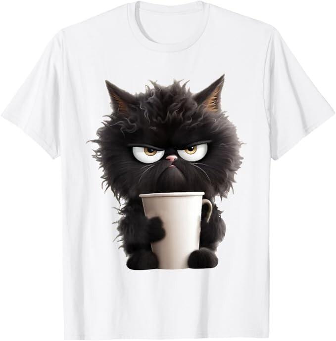Смешная милая черная кошка кофе злая футболка унисекс футболка