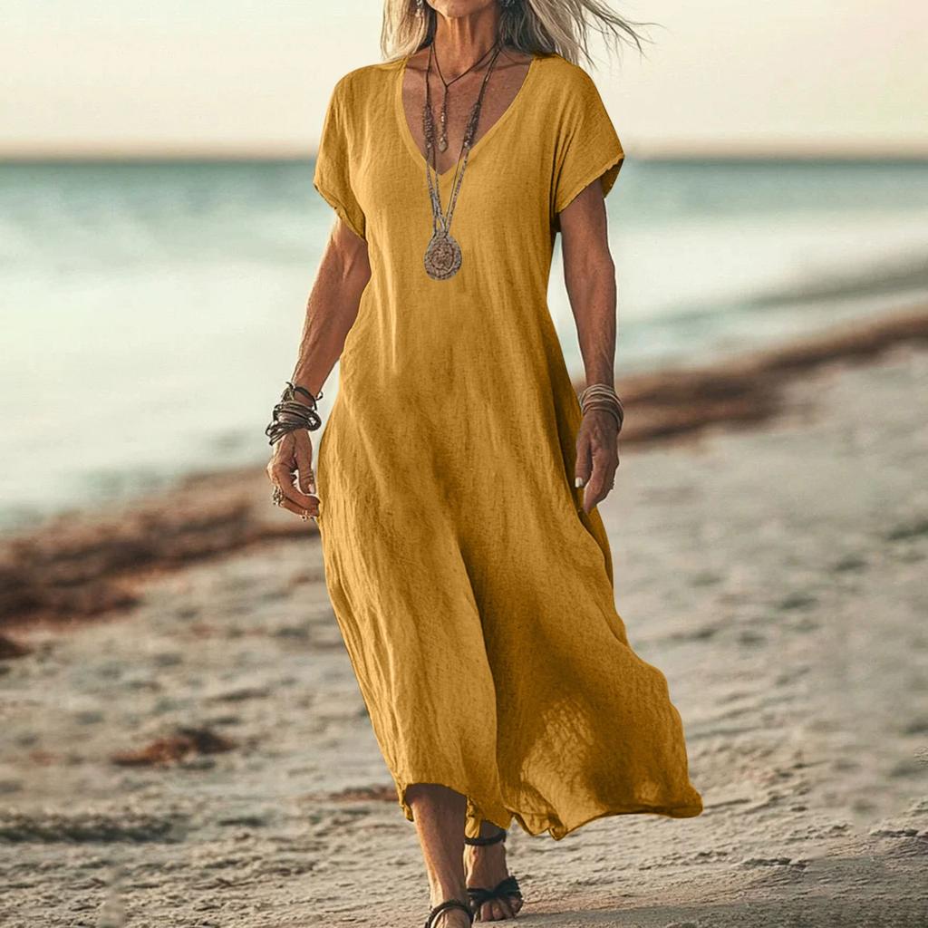 Fashion Women's Solid Color V-neck Long Dress Loose