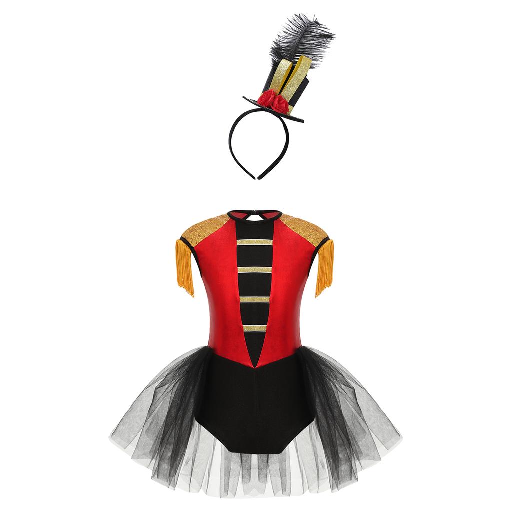 Children‘s Circus Ringmaster Outfit Sparkly Shoulder Tassels Cutout Back Bodysuit and Mini Top Hat Feather Headband for Halloween Cosplay Dress Up